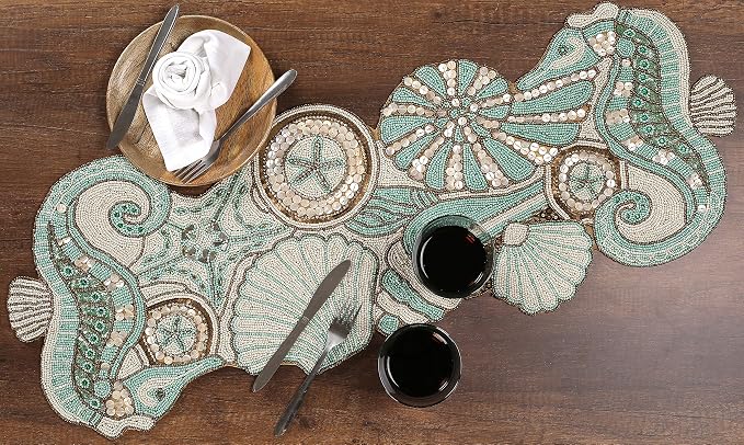 Beaded Table Runner 13x36 Coastal Sea Shell Premium Glass Beads & Polyester - Image 3