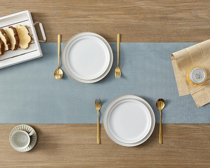 Linen Textured Border Table Runner, 14 x 108 Inch Blue | Mitered Corner Design - Image 4