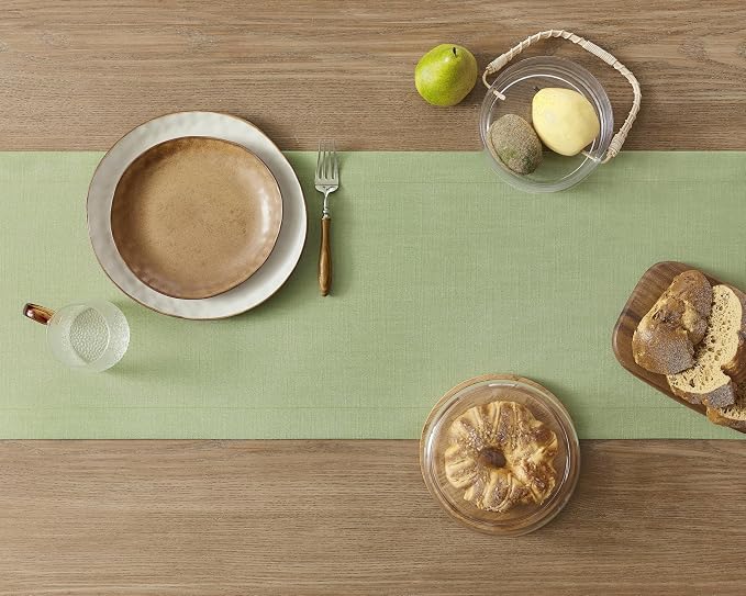Linen Textured Border Table Runner, 14 x 36 Inch Green | Mitered Corner Design - Image 4