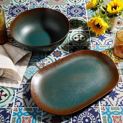 Bloomhouse - Two Time Oprah's Favorite Things Winner - Palermo Sun 2 Piece Serving Bowl and Oval Platter Stoneware Reactive Glaze Serveware Set - Agave Blue