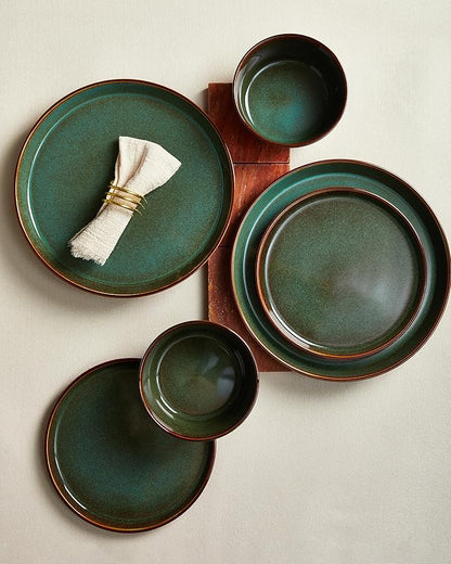 Plates and Bowls Sets for 8, Ceramic Dinnerware Sets, Kitchen Dish Set, Microwave & Dishwasher Safe Dishware, Highly Durable Handcrafted Dinner Set, Brown Green