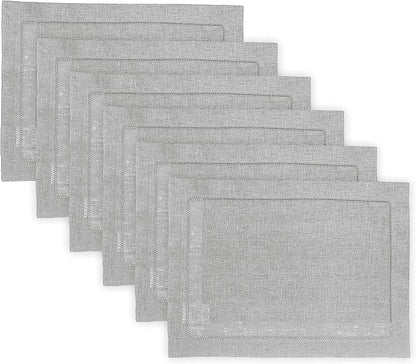 Solino Home Linen Cloth Placemats Set of 6-100% Pure Linen Hemstitch Soft Grey Placemats 14 x 19 Inch - Classic Hemstitch Table Place Mats for Winter, Spring, Easter