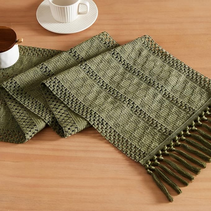 Macrame Style Boho Table Runner, 12x108 Inch Moss | Woven Boho Table Runner by ZEEMARTONLINE