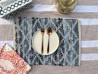 Perilla Home Natural Chindi Jute Placemats Set of 4 Vintage Boho 13x19 Inch Blue-Grey Rectangle Table Mats for Kitchen Dining Room Home Decor Banquets Family Gathering Rustic Placemat (Alexandria)
