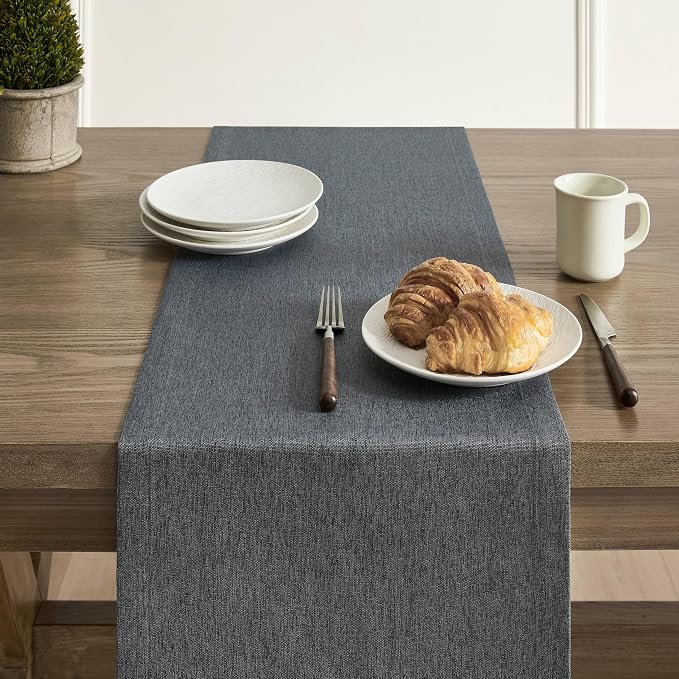 Basic Linen Style Table Runner, 14x36 Inch Charcoal | Mitered Corner Design - Image 5