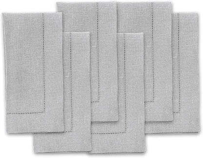 Solino Home Linen Napkins Set of 6 - Classic Hemstitch 100% Pure Linen Soft Grey Dinner Napkins Cloth 20 x 20 Inch for Winter, Spring, Easter - Handcrafted and Machine Washable