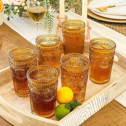 Kate Aspen Vintage Textured Amber Striped Drinking Glasses Set of 6-13 oz - Image 2