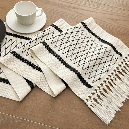 Macrame Style Bicolor Stitching Table Runner, 12 x 48 Inch Black Grid/Ivory - Image 7