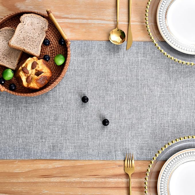 NEWISHER Farmhouse Rustic Faux Linen Solid Grey Table Runner 13x90inch | Grey - Image 4