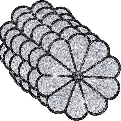Washable Waterproof Diamond Circle Placemats for Round Tablescape Decor for Dinner and Kitchen Bling Placemats for Weddings & Special Events -6 PCS (Silver and Black)