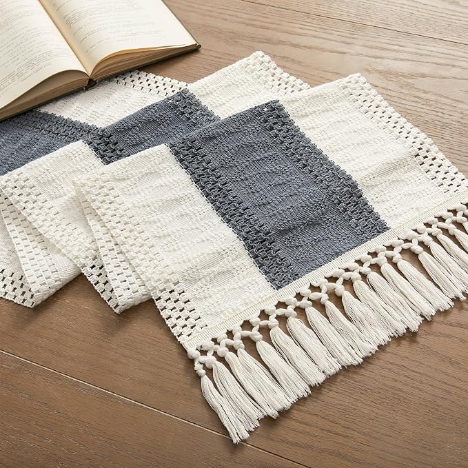 Macrame Style Bicolor Stitching Table Runner 14x36in Charcoal | Woven Boho - Image 7