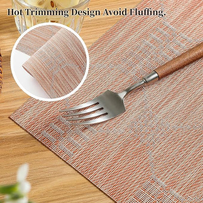Leetaltree Coral Placemats Set of 6 - Heat Resistant Non-Slip Place mats for Dining Table, Washable Durable PVC Vinyl Woven Table Mats（Coral, 6）