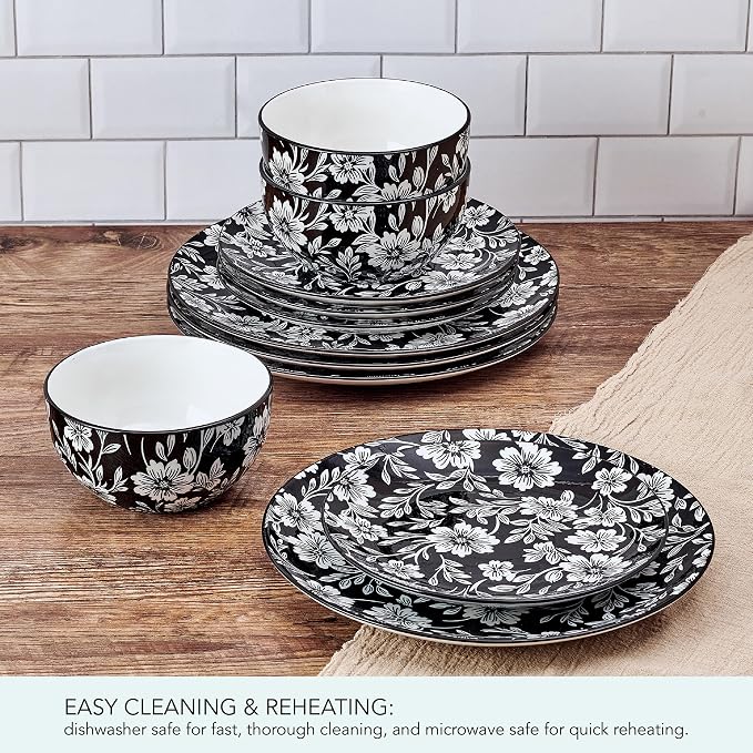 Pfaltzgraff Midnight Blooms 12 Piece Floral Stoneware Dinnerware Plate Bowl - Image 5