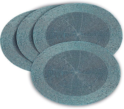 Lightnpro Beaded Placemats Set of 4 - Round Handmade Farmhouse Table Chargers - Decorative Glitz Placemats for Dining Table, Holiday Parties, Wedding, Kitchen & Event Décor - 13 Inch Teal