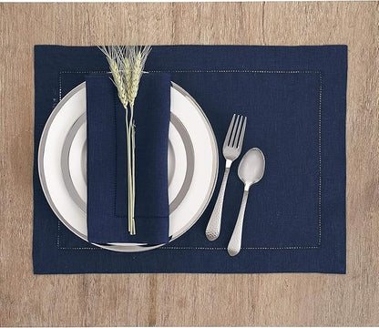 Solino Home Linen Cloth Placemats Set of 6-100% Pure Linen Hemstitch Navy Blue Placemats 14 x 19 Inch - Classic Hemstitch Table Place Mats for Winter, Easter