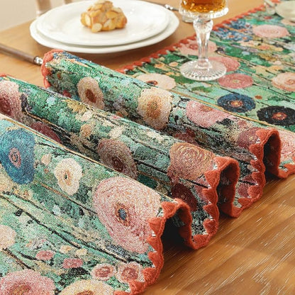 Monet Garden Style Peony Table Runner Terracotta 12 x 71 Inch | Floral Jacquard - Image 6