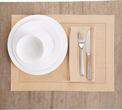 Solino Home Linen Placemats Set of 4 - Classic Hemstitch Beige Placemats 14 x 19 Inch - 100% Pure Linen Table Mats for Spring, Easter