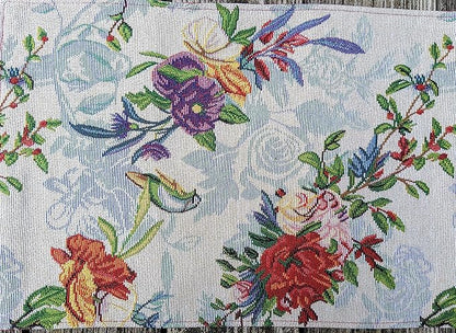 DaDa Bedding Tropical Paradise Floral Blue Roses Placemats - Set of 4 Tapestry Nature Birds Exotic Flowers Botanical Garden Berries - Decorative Linen Woven Kitchen Dining Table Mats - 13” x 19”