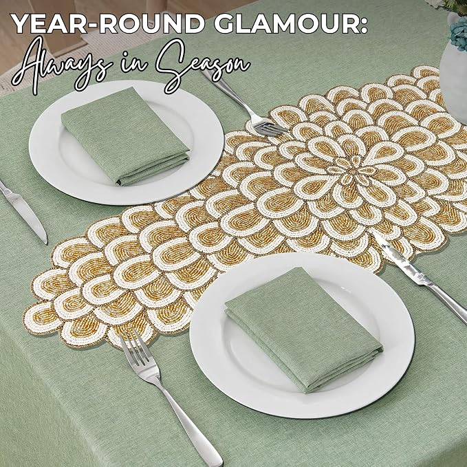 Gold Beaded Table Runner, 36 in, Farmhouse Holiday Décor | 13x36 in, 85% glass - Image 9