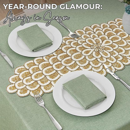 Gold Beaded Table Runner, 36 in, Farmhouse Holiday Décor | 13x36 in, 85% glass - Image 9