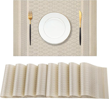 Leetaltree Stardust Yellow Placemats Set of 8 - Heat Resistant Non-Slip Place mats for Dining Table, Washable Durable PVC Vinyl Woven Table Mats（Stardust Yellow, 8）