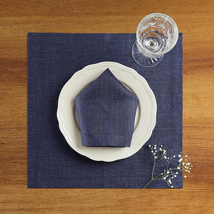 Solino Home Linen Square Placemats Set of 4 - Chambray Navy Placemats 14 x 14 Inch - 100% Pure Linen Table Mats for Winter, Spring - Athena