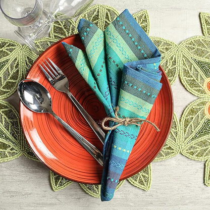 Multi Color Cotton Hemstich Napkin, Decorative Cocktail Machine Washable Dinner Napkin with Mitered Corner for Wedding Christmas Everyday Use - Pack of 12-18x18 Inch - Green Blue Multi