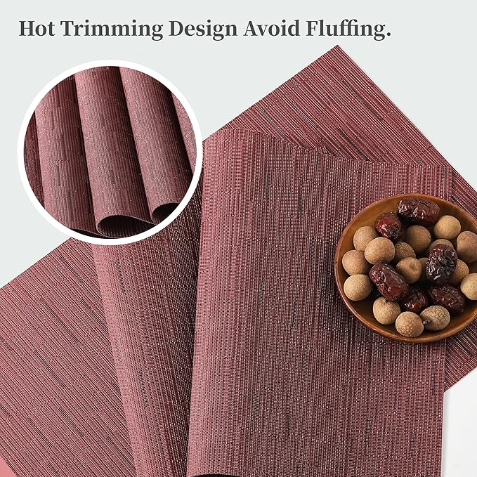 Leetaltree Burgundy Placemats Set of 6 - Heat Resistant Non-Slip Place mats for Dining Table, Washable Durable PVC Vinyl Woven Table Mats（Burgundy, 6）