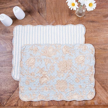 C&F Home Penelope Placemat Set of 6 Blue Cream White Floral Table Mat Rectangular 13 x 19 Quilted Reversible Washable Placemat Kitchen Dining Table Decor Decoration Rectangular Placemat Set of 6 Blue