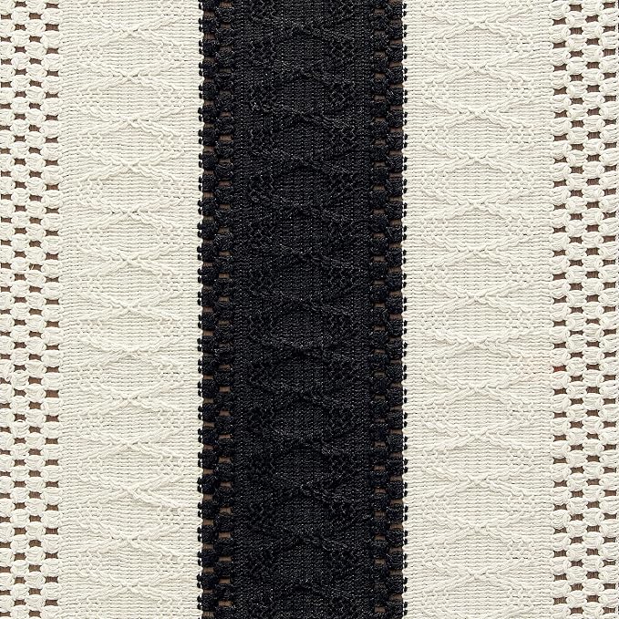 Macrame Style Bicolor Stitching Table Runner, 12 x 108 Inch Black/Ivory - Image 6