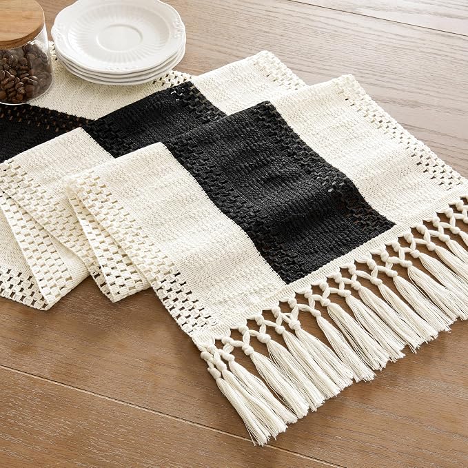 Macrame Style Bicolor Stitching Table Runner 14x36in Black | Woven Boho Table - Image 7