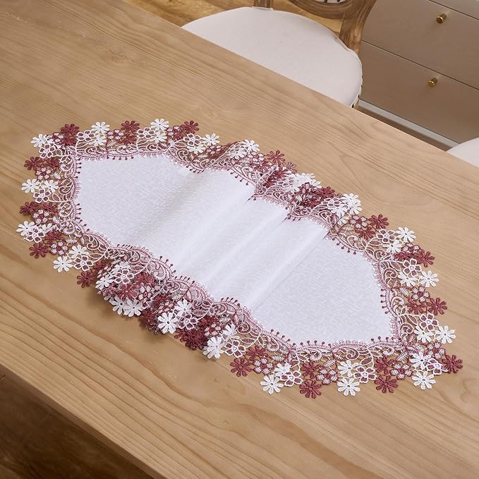 White Dark Red Floral Lace Table Runner Dresser Scarf | Christmas, Floral - Image 4