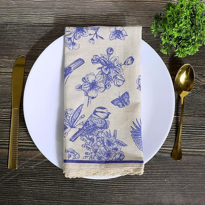 FINGERCRAFT Dinner Cloth Napkin Cotton Linen Blend 4 Pack Mitered Corners with Elegant Lace for Everyday Use Napkins are Pre Shrunk and Good Absorbency (Toile, 20in x 20in)