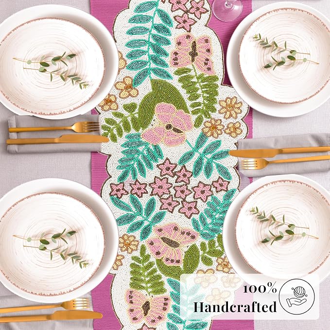 Spring Floral Beaded Table Runner, 13x36 | Glass beads, polyester backing - Image 7