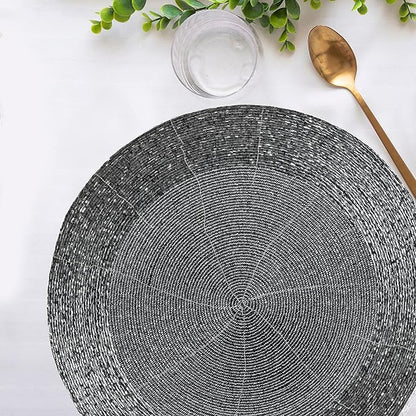 Lightnpro Beaded Placemats Set of 4 - Round Table Chargers - Handmade Rustic Glam Dining Table Mats - Elegant Silver Decorative Placemats for Holidays, Parties & Special Events - 13 Inch Mercury