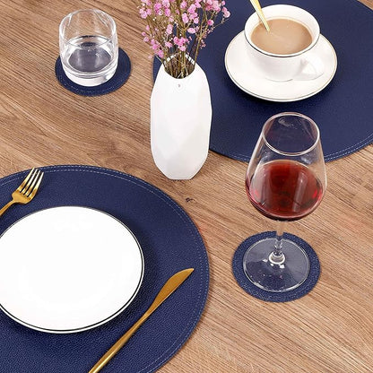Set of 6 Faux Leather Round Placemats and Coasters, Coffee Mats Kitchen Table Mats, Waterproof, Easy to Clean for Kitchen Dining Round Table