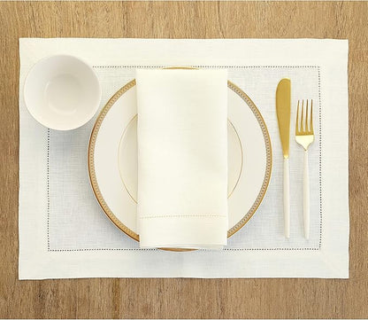 Solino Home Ivory Linen Napkins Set of 4-100% Pure Linen Hemstitch Dinner Napkins 20 x 20 Inch for Spring, Easter - Classic Hemstitch