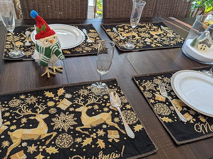 DaDa Bedding Set of 4-Pieces Magical Golden Reindeer Tapestry Placemats - Starry Winter Snowflake Festive Merry Christmas Holiday Yellow & Black - Needle Stitched Woven Table Mats - 13” x 19”