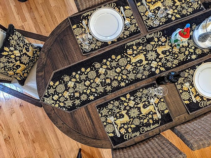 DaDa Bedding Set of 4-Pieces Magical Golden Reindeer Tapestry Placemats - Starry Winter Snowflake Festive Merry Christmas Holiday Yellow & Black - Needle Stitched Woven Table Mats - 13” x 19”