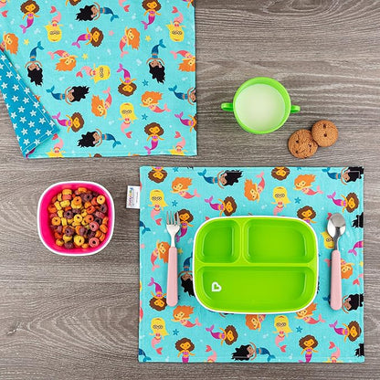Funkins Reusable Cloth Placemats for Kids & Lunch Boxes | Reusable, Eco-Friendly | 15"x13", 2-ply, Thick, Absorbent, Machine Washable | Set of 2 Placemats (Mermaids)