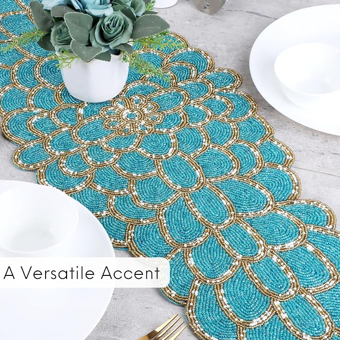 Beaded Table Runner, 13x36 | Handmade floral pattern, 85% glass beads, - Image 8
