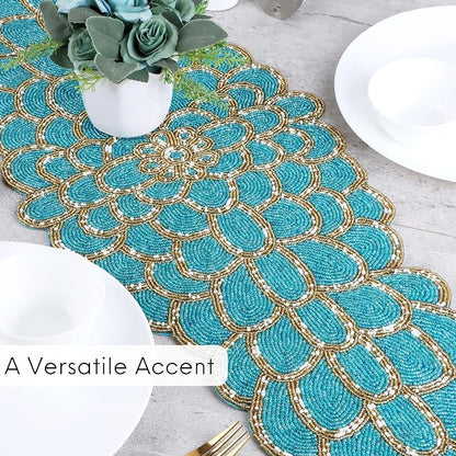 Beaded Table Runner, 13x36 | Handmade floral pattern, 85% glass beads, - Image 8