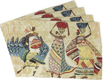 DaDa Bedding Dancing Women Tapestry Dining Table Placemats - Set of 4-Pieces Festive Celebrate Kwanzaa - Tribal African Tribal Culture - Decorative Cotton Linen Woven Kitchen Mats - 13” x 19” (18117)