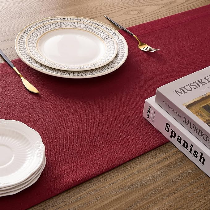 Linen Textured Border Table Runner, 14 x 48 Inch Red | Mitered Corner Design - Image 5