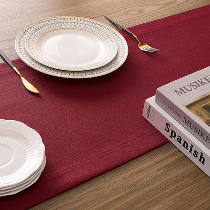 Linen Textured Border Table Runner, 14 x 90 Inch Red | Mitered Corner Design - Image 5