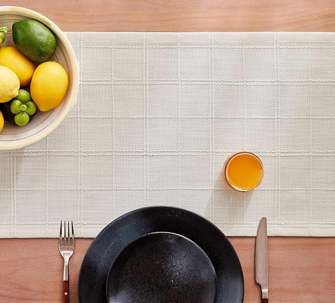 Linen Checked Farmhouse Table Runner, 13x108 Inches Ivory | Raised Grid Design - Image 7