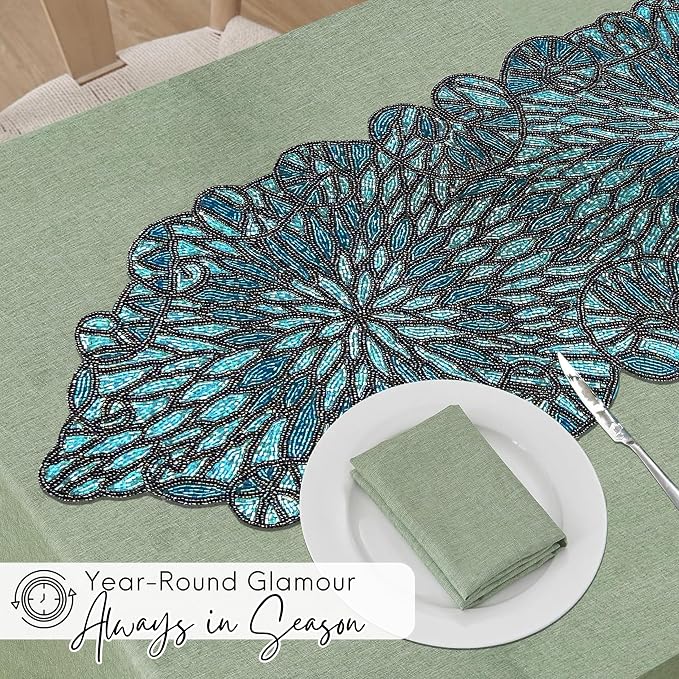 Beaded Table Runner, Floral Art Deco, 13x36 in, polyester backing, sapphire blue - Image 8
