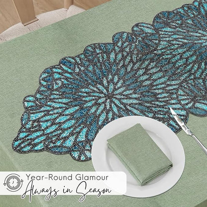 Beaded Table Runner, Floral Art Deco, 13x36 in, polyester backing, sapphire blue - Image 8