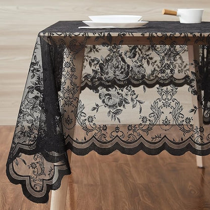 Warm Home Designs 60 x 120 Lace Tablecloth. Black Rectangle Tablecloth with English Rose Design. Rectangular Tablecloth, Rustic Tablecloth or Dining Table Cover for 10-12 Guests. LTC Black 120"