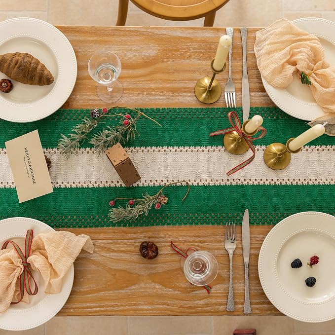Keketoarrange Christmas Green Boho Table Runner 12x36 Inch | Woven Burlap - Image 4